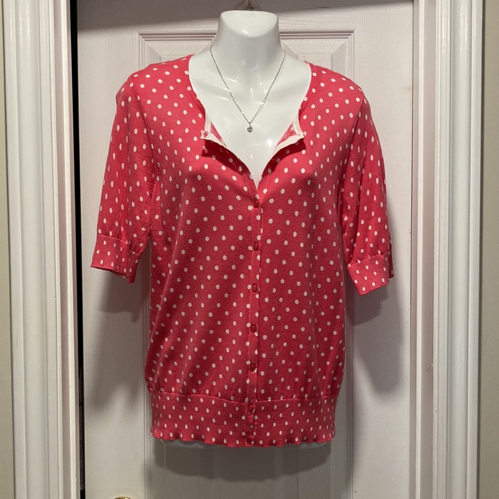 NWOT Ann Taylor Coral Pink White Polka Dot Short Sleeve Buttoned Cardigan - Sz L